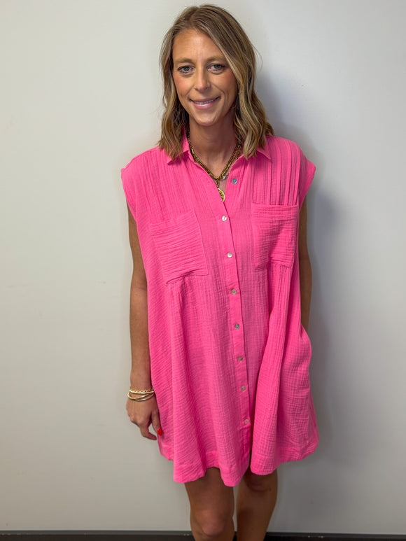 pink cotton gauze dress Pure Plus Cotton Gauze Dress with Pockets-Magenta  In Full Swing