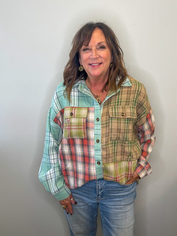 Washed Plaid Button Down Top