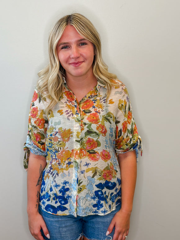 Faint Floral Tie Sleeve Top
