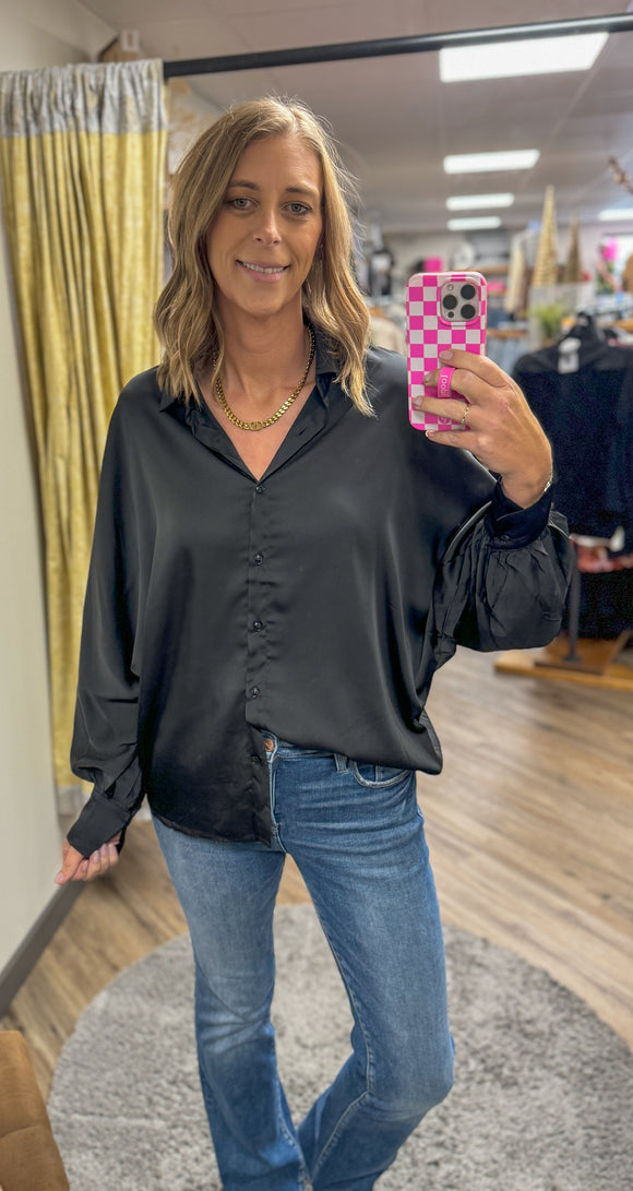 Satin Dolman Sleeve Button Down