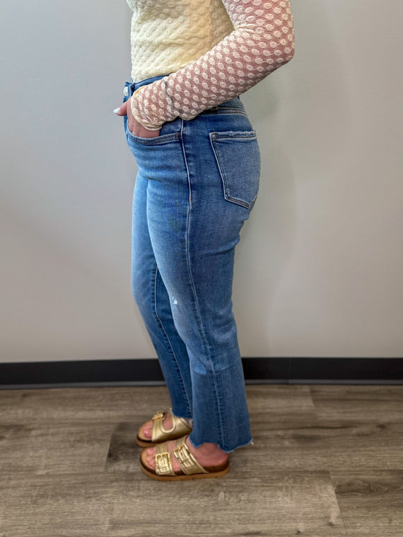 High Rise Uneven Raw Hem Slim Straight Jean