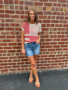 Stripe Contrast Crochet Knit Top