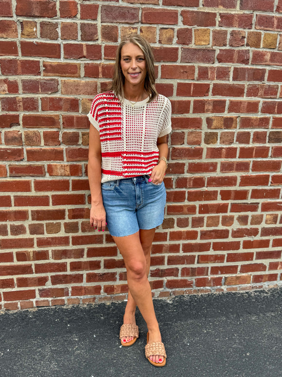 Stripe Contrast Crochet Knit Top