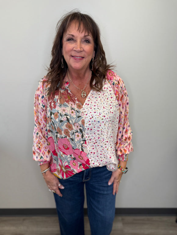 Floral Sleeve Mix Print Peasant Top
