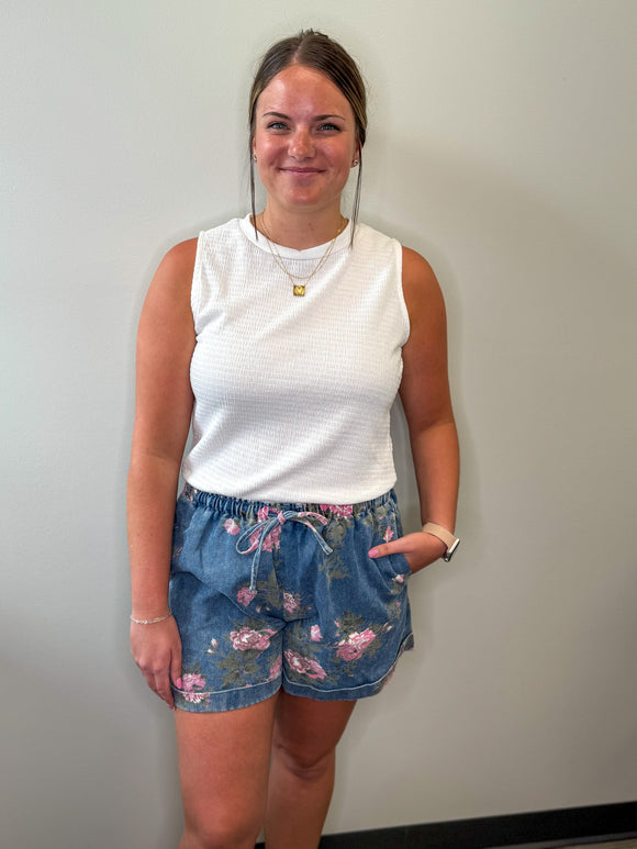 Floral Printed Denim Short