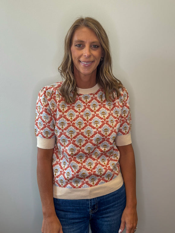 Short Sleeve Floral Sweater