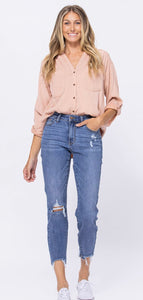 Mid-Rise Destructed Hem Slim Fit